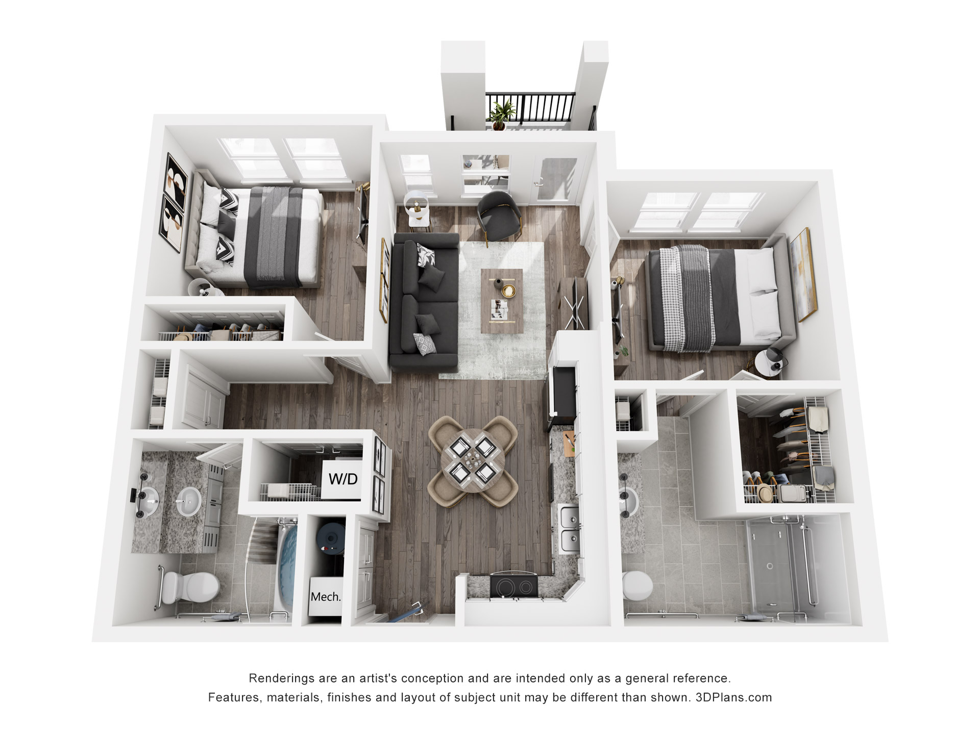 Floor plan for 2 beds, 2 baths, 925 sqft